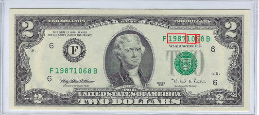 US$2 FRN Fancy SN , may read Birthday 1987 10.6 Atlanta 6 F XFine . FN57