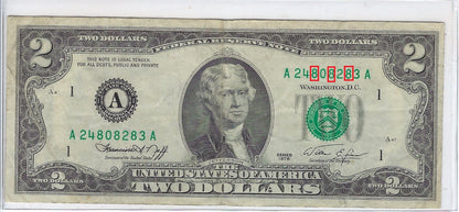 US$2 FRN Lucky SN 8 ,Rare Date 1976 Boston 1A V. Fine .FN58