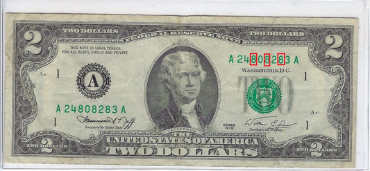 US$2 FRN Lucky SN 8 ,Rare Date 1976 Boston 1A V. Fine .FN58