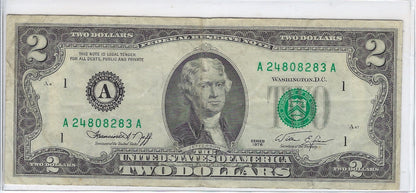 US$2 FRN Lucky SN 8 ,Rare Date 1976 Boston 1A V. Fine .FN58