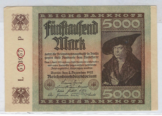 Germany 5000 DM 2 December 1922 XF Fancy Serial N Double Digits Bookend 57 39 57 . FN70