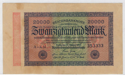 Germany 20.000 Mark P.85 ,Fancy Serial N ( About Solid 353333 ) 1923 VF.G3Z