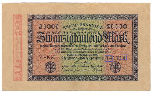 Germany 20.000 Mark P.85 ,Fancy Serial N ( Double Bookend 14 17 14) 1923 XF.G4Z