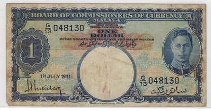 MALAYA ( 1.7.1941 RARE) $1 VF+ Kg George VI P11 . MA4b