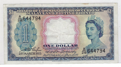 MALAYA ( 21.3.1953 RARE) $1 XF+ Qn Elizabeth P1 .MA4D