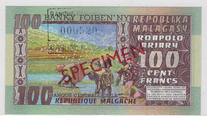 Madagascar 100 Francs Ariary Specimen No.000 520 (1974) Pick 63S . MD5B