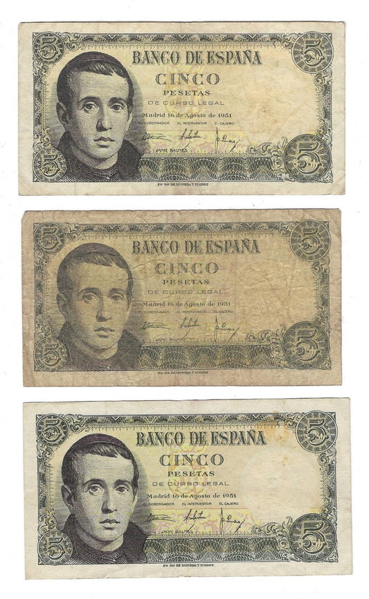 SPAIN 1951 5 PESETAS ☆ P-140A "JAIME BALMES" ☆ 3 Notes ☆ VERY NICE.SP1