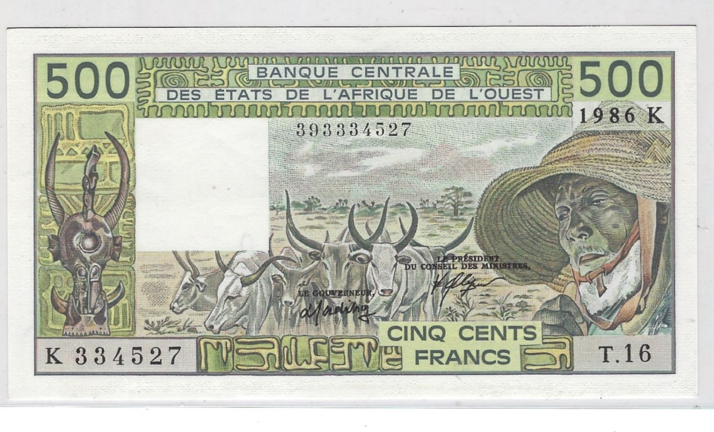 West African States Senegal 500 Francs 1986 Old Man & Cattle P706Kn .SN1