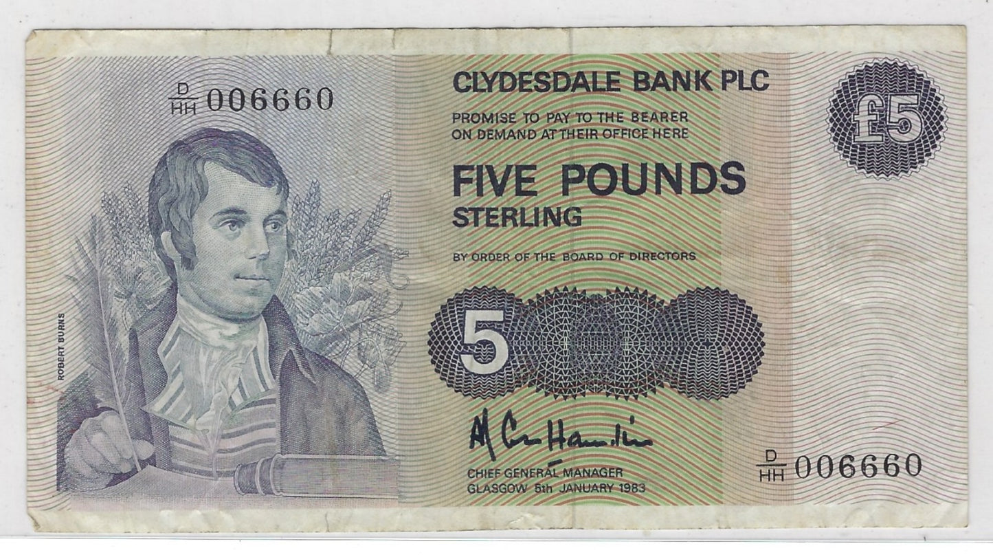 Scotland 5 Pounds 1983 Pick P. 212b Circulated ,Minor TR , Fancy SN TRIO , Binary & Flip Over 006660 .SC1