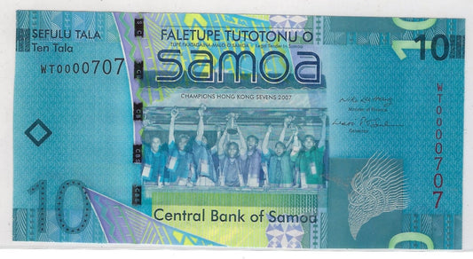 Samoa 10 Tala P 39a ND (2008) UNC , Fancy SN Quad 0000 , Binary & Lucky 7 ( 0000707 ).SM1