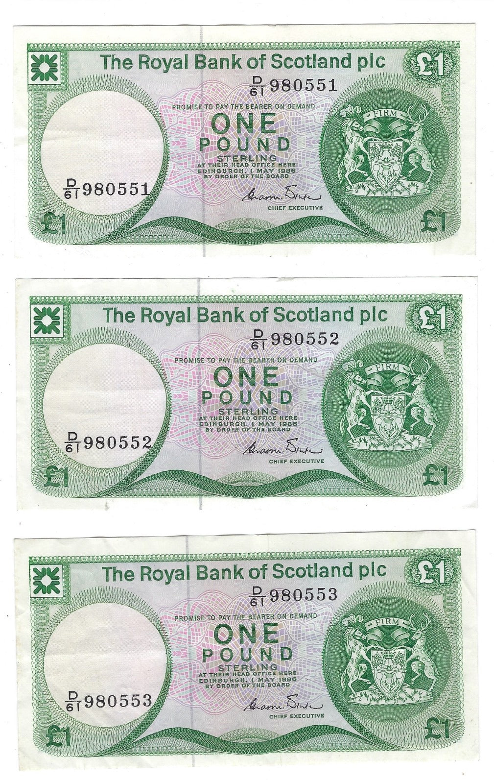 Scotland 1 Pound x 3 Consecutive XF 1986 PICK-341Aa .SC2