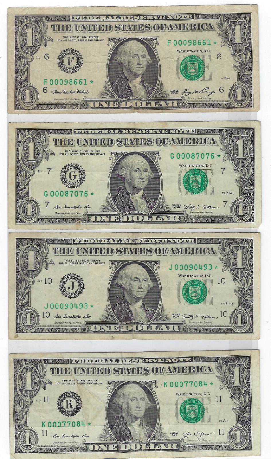 US$ 1 FRN STAR x 4 Different Districts.All Has Fancy SN TRIO 000 V Fine.FN62