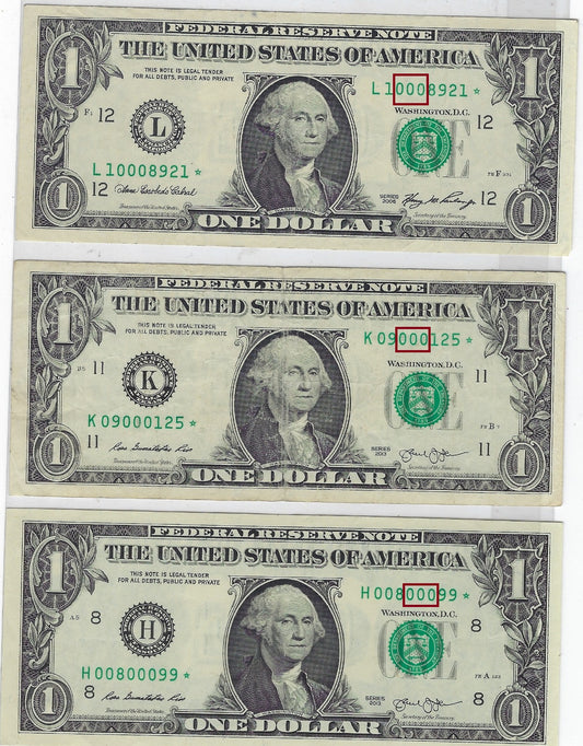 US$ 1 FRN STAR x 3 Different Districts.All Has Fancy SN TRIO 000 VFine .FN68