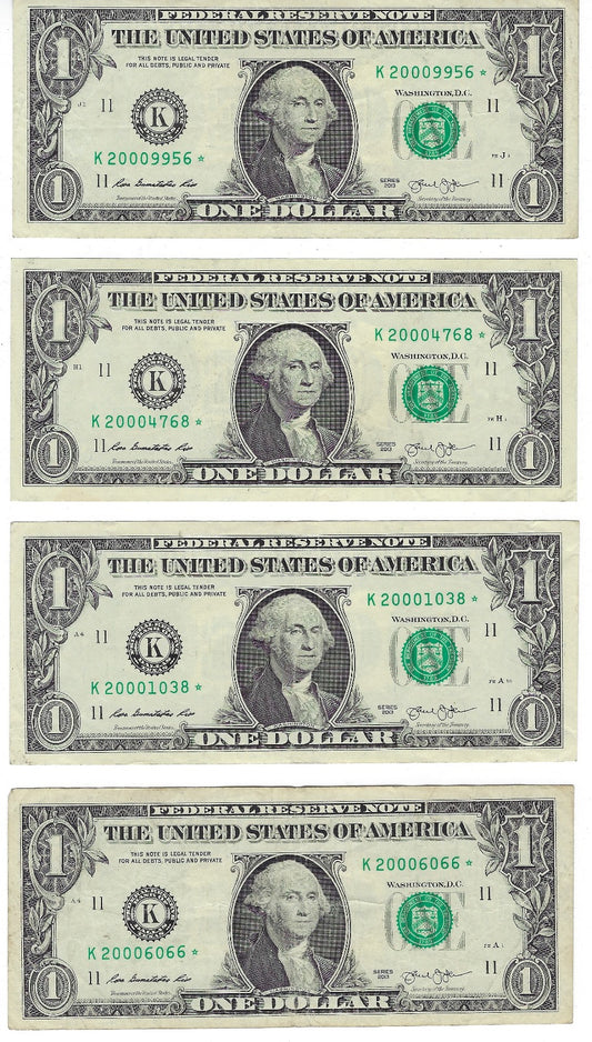 US$1 FRN , Fancy SN Trio 000 x 4 Star Notes all starting w 2000 11 K Dallas VF+ .FN100