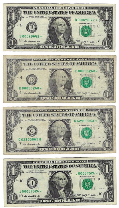 US$1 FRN ,Fancy SN Trio 000 x 4 Star Notes 3 starting w 000 2B,4D,7G&10J Average VF+.FN101