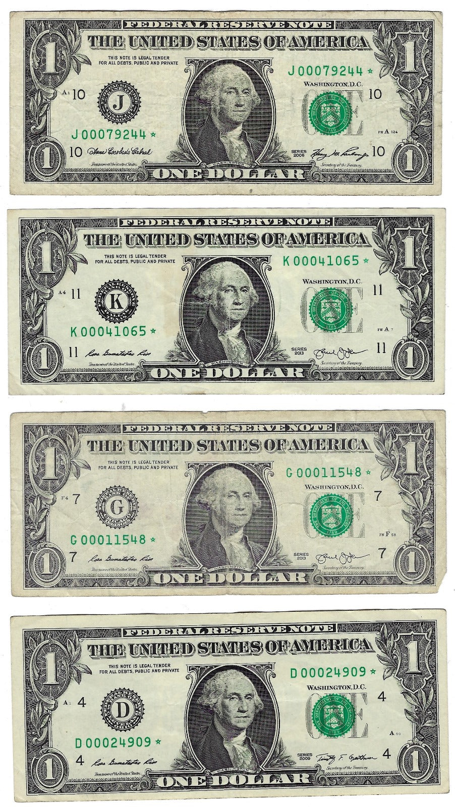US$1 FRN ,Fancy SN Trio 000 x4 Star Notes all starting with 000 4D,7G,10J &11K average VF+.FN103
