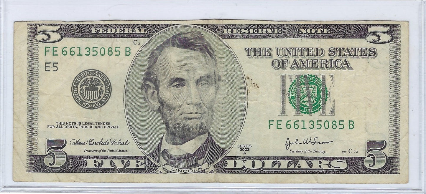 US$5 FRN , 2003A Series Misalignment Shift Error VF+.FN104