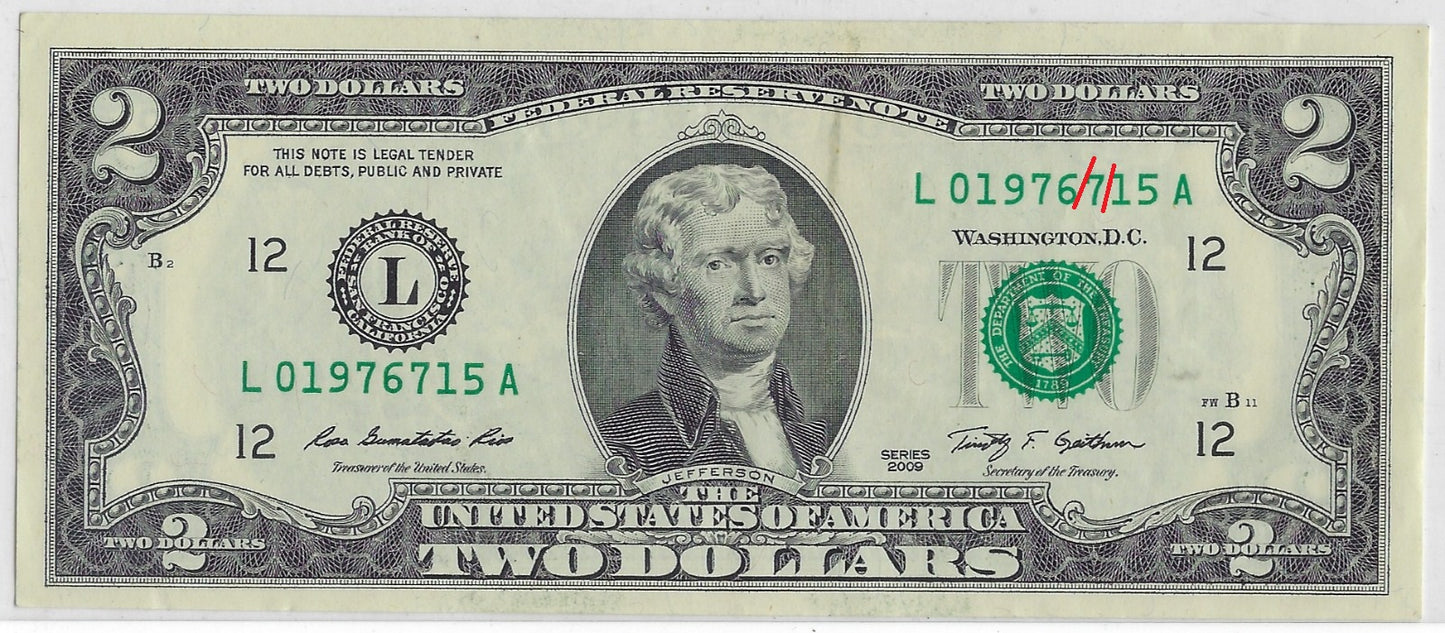 US$2 FRN San Francisco 12L Fancy S.N Birthday 1976 July 15th with Minor Error extra link + FREE 10pounds 999( READ more) .FN203