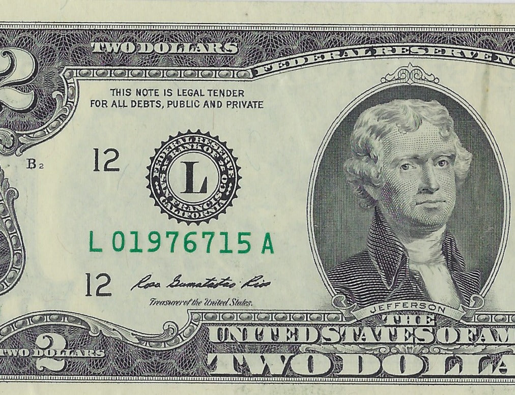US$2 FRN San Francisco 12L Fancy S.N Birthday 1976 July 15th with Minor Error extra link + FREE 10pounds 999( READ more) .FN203