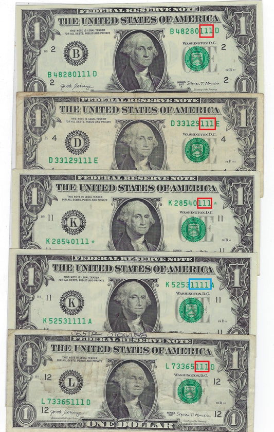 US$1  FRN Star notes x 5 . Fancy S.N Trio 111 From 3 Different districts.& One Quad 1111 F: VF, + FREE Gift( READ more).FN206