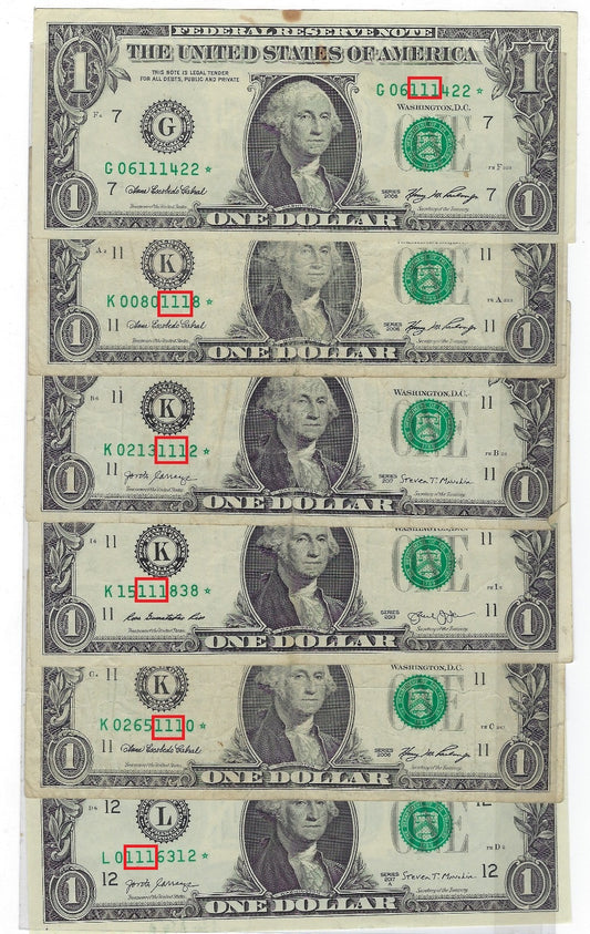 US$1 FRN  Star Notes x 6 . Fancy S.N Trio 111 from 3 Different Districts. F: VF, + FREE Gift( READ more) .FN205