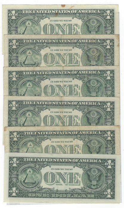 US$1 FRN  Star Notes x 6 . Fancy S.N Trio 111 from 3 Different Districts. F: VF, + FREE Gift( READ more) .FN205