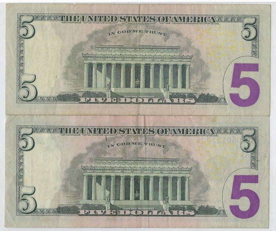 US$5 FRN Star notes Lincoln x2 different signatures and districts A1,F6 average VF.R1U SN maybe different