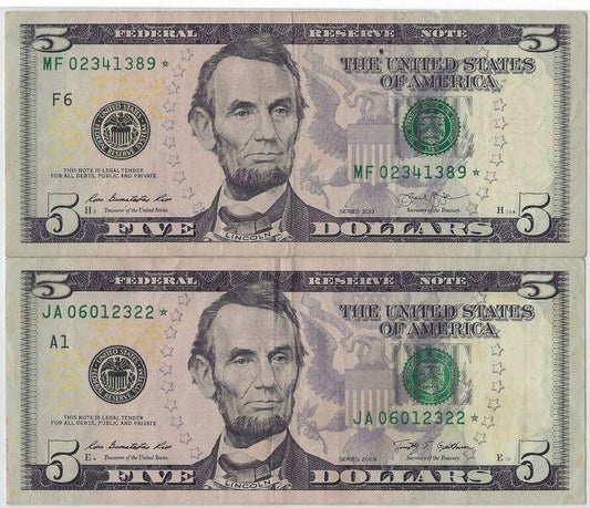 US$5 FRN Star notes Lincoln x2 different signatures and districts A1,F6 average VF.R1U SN maybe different