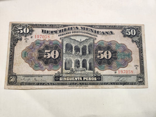 Vtg MEXICO GOBIERNO CONSTITUCIONALISTA 50 PESOS Fancy SN Birthday 1970 5 8 ,VF++, est $160 ++.L10