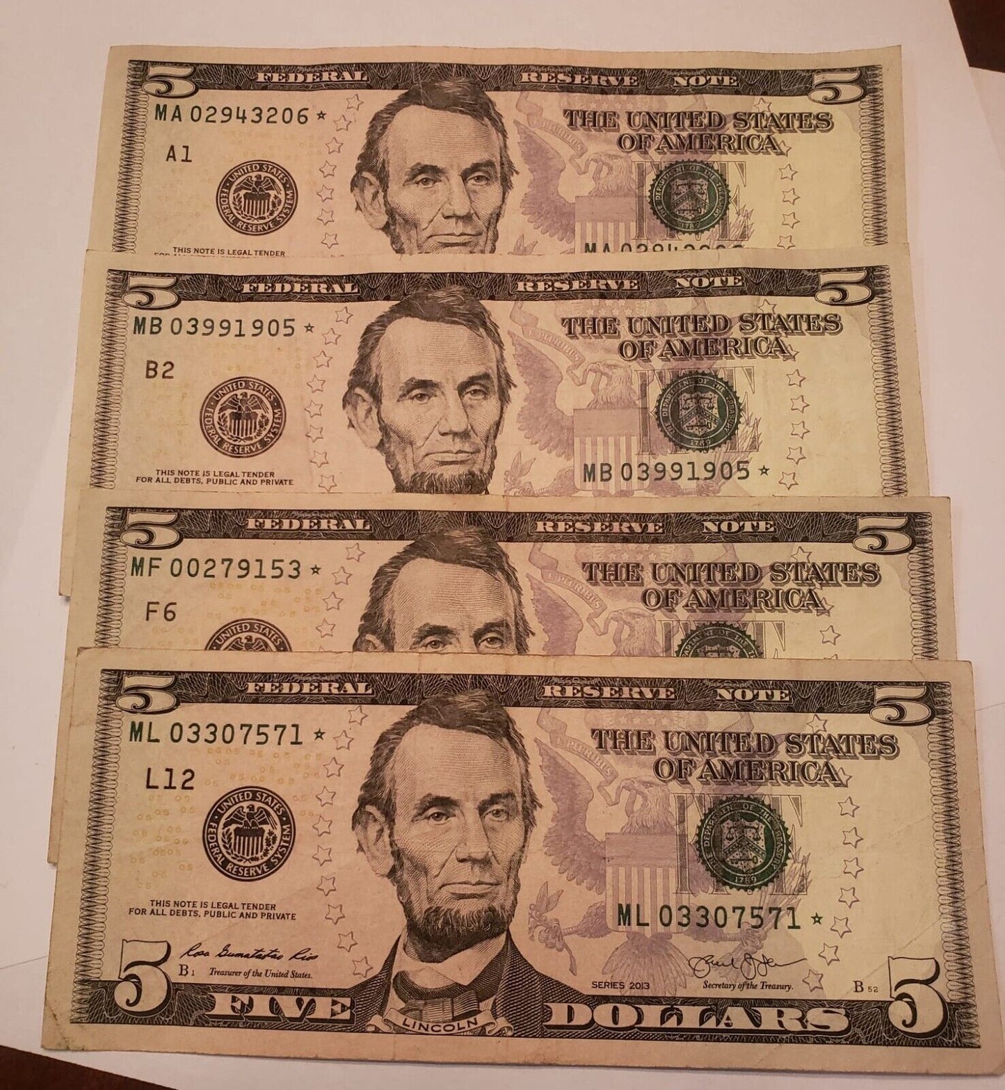 USA $5 Star Notes Lincoln x 4 Different Districts A1,B2,F6,L12 ,VF .RB7