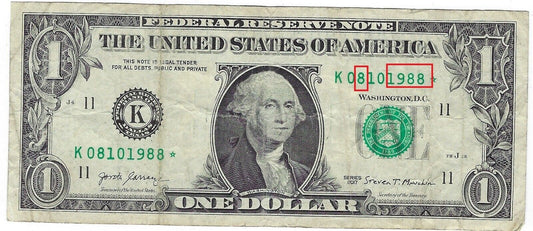 US$ STAR Note SN Birthday ,ِِAnniversary 08 10 1988 Dallas 11K VF. (RB14)