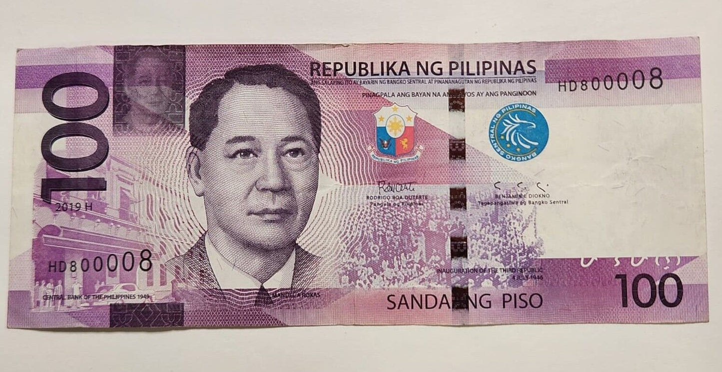 PHILIPPINES 100 PISOS FANCY SERIAL N. 3 in one RADAR, Lucky 8 & Binary 800008 VF.Ph22