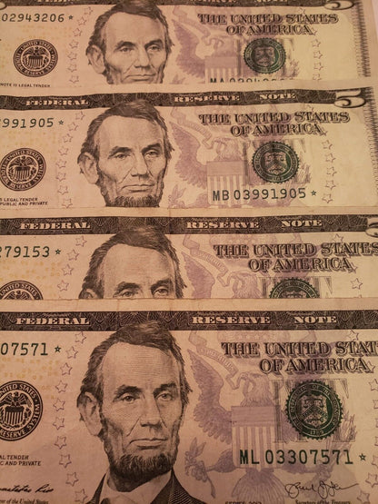 USA $5 Star Notes Lincoln x 4 Different Districts A1,B2,F6,L12 ,VF .RB7