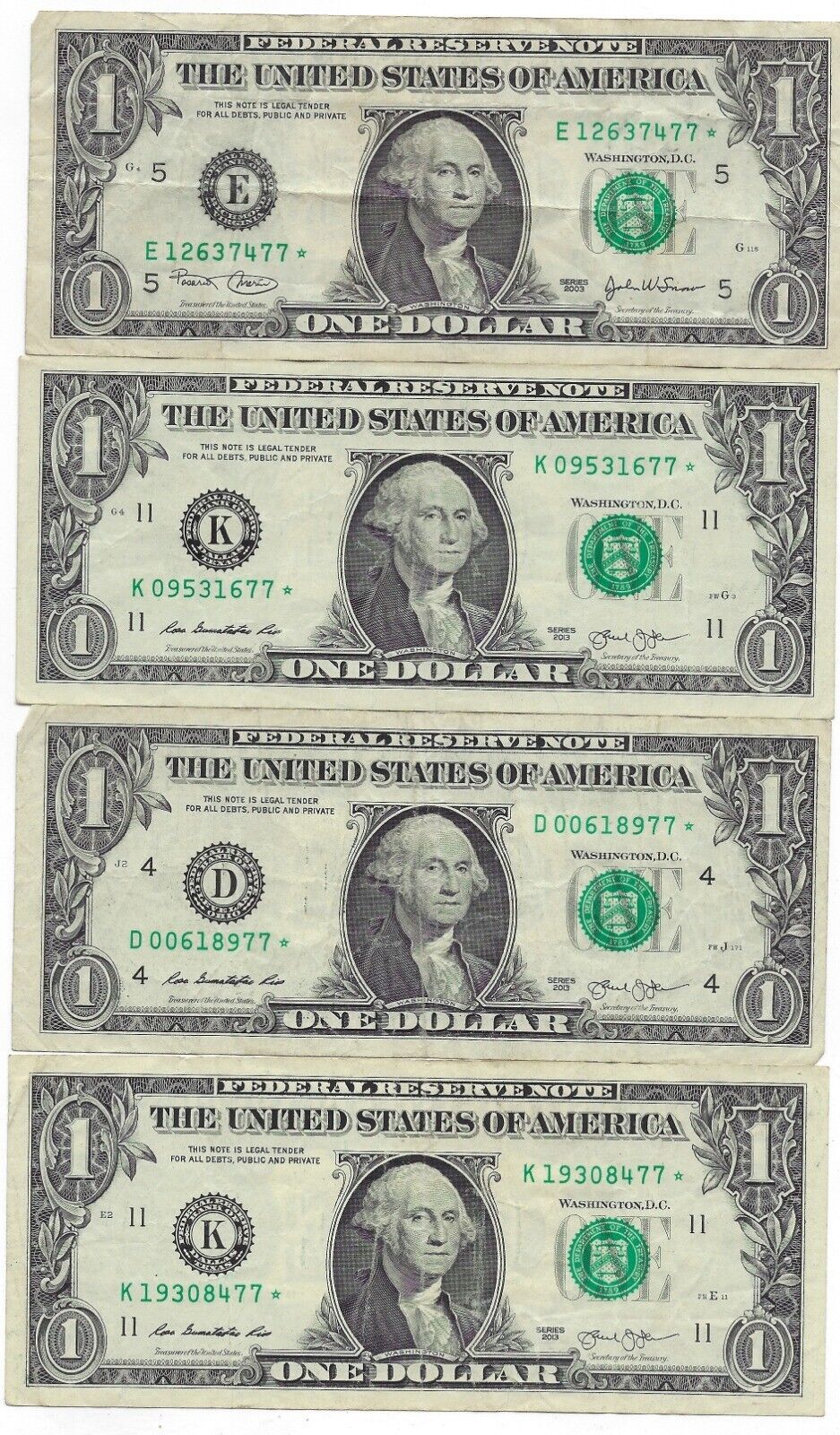 US$1 Star Notes x 4 Different Districts All Ending Fancy SN 77 VF .(R1A)