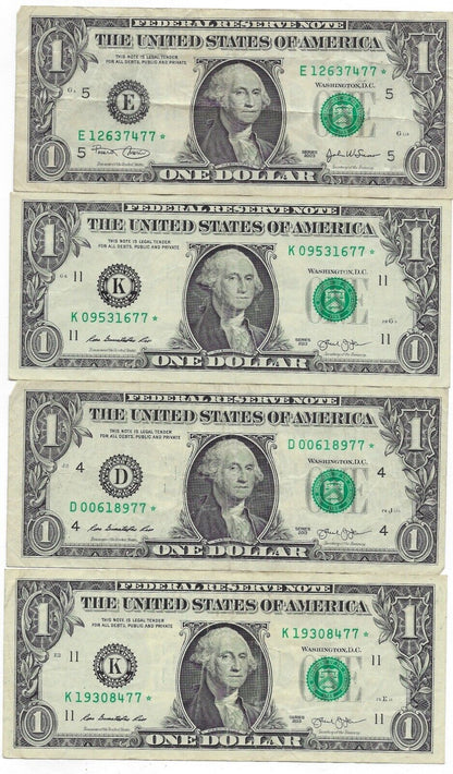 US$1 Star Notes x 4 Different Districts All Ending Fancy SN 77 VF .(R1A)