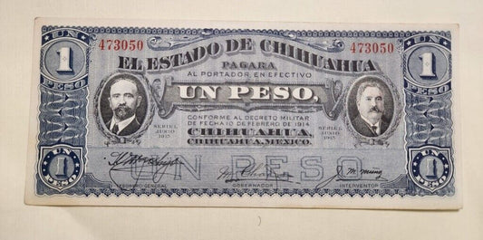 Vtg 1915 Mexico Banknote 1 Peso Bravo Revolutionary Monterrey Paper Money ,XF, est $20 ++.LA4