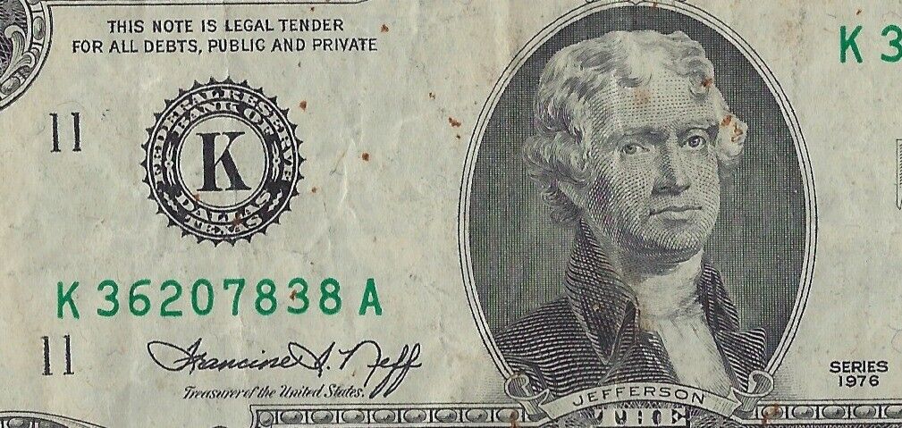 US$2 Dollars Bill RARE Series 1976 Dallas 11 K Good Grade SN 36207838. V12