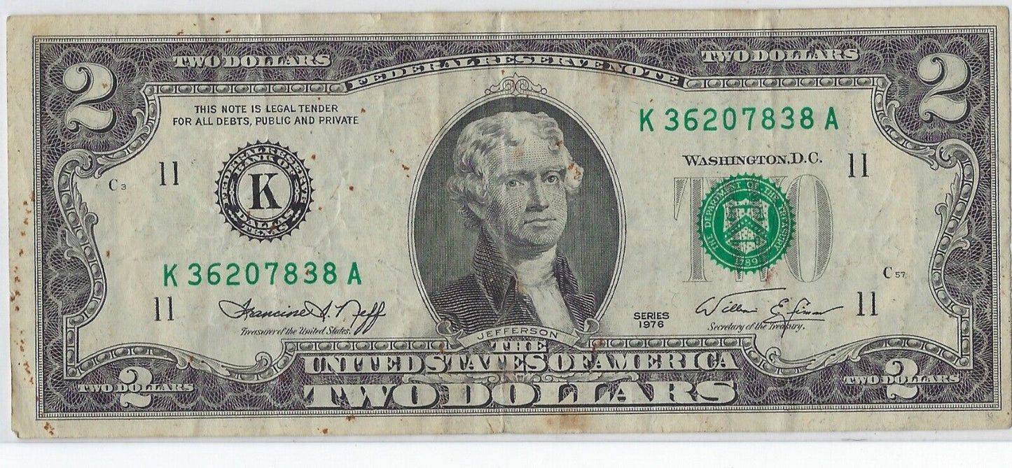 US$2 Dollars Bill RARE Series 1976 Dallas 11 K Good Grade SN 36207838. V12