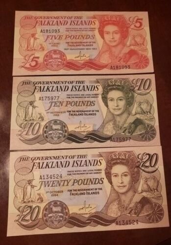 Falkland Islands 5,10 & 20£ Queen Elizabeth 1980s QE II Penguins & Walrus P12,14 & 15 UNC worth $125+