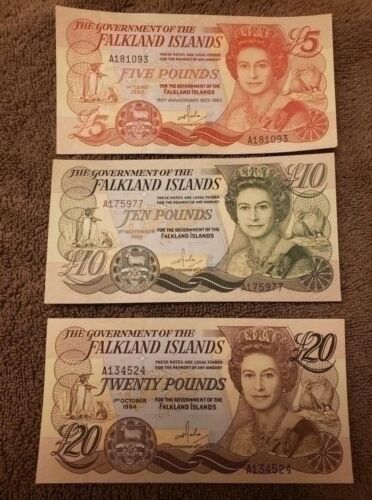 Falkland Islands 5,10 & 20£ Queen Elizabeth 1980s QE II Penguins & Walrus P12,14 & 15 UNC worth $125+