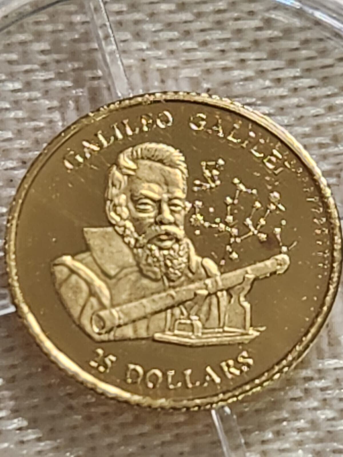 Liberia 2001 $25 Smallest Gold Mini Coin Proof-"Galileo Galile"est $75+.CB8a
