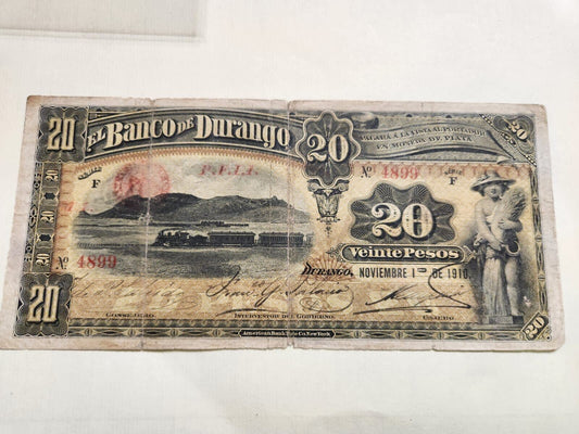 MEXICO 20 PESOS 11.1.1910 BANCO DE Durango F,est $195 ++.L18