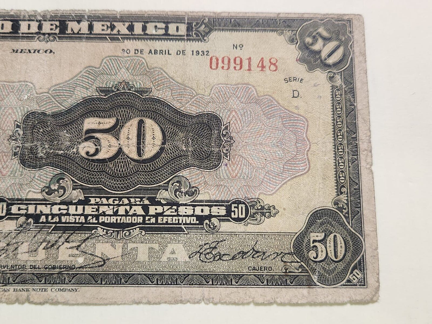 RARE Mexico P. 24 Exceptionally Rare 50 Pesos 1932 Serie D Cir F ,est $950++.L14