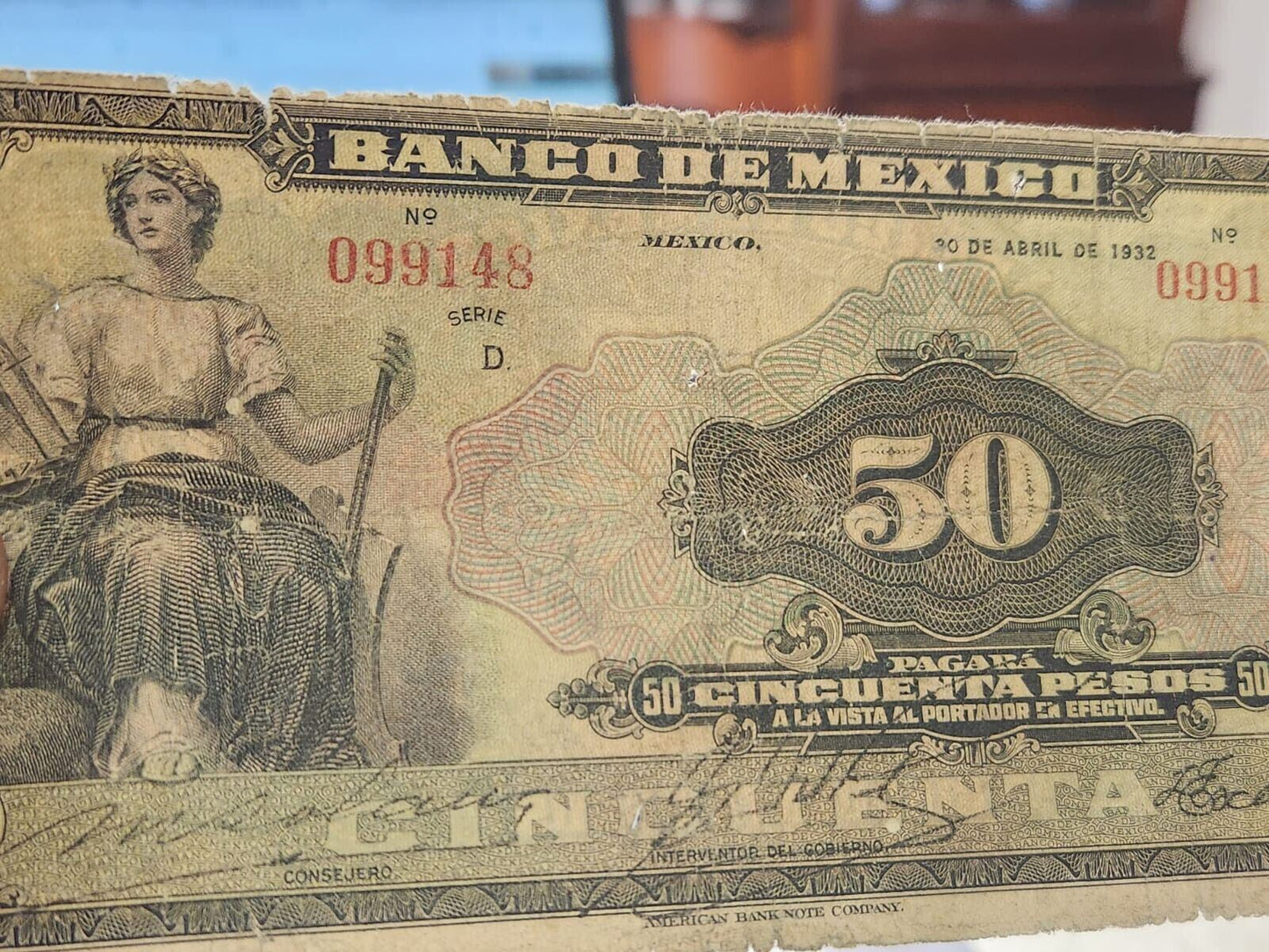 RARE Mexico P. 24 Exceptionally Rare 50 Pesos 1932 Serie D Cir F ,est $950++.L14