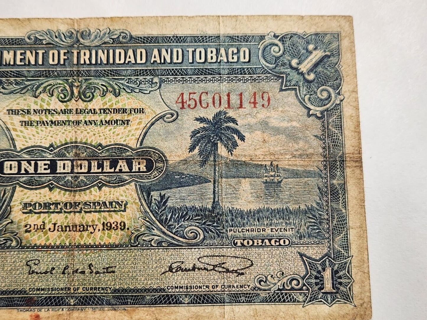 Trinidad and Tobago $1 Regular SN P5b 2nd Jan 1939  Fine.TR2