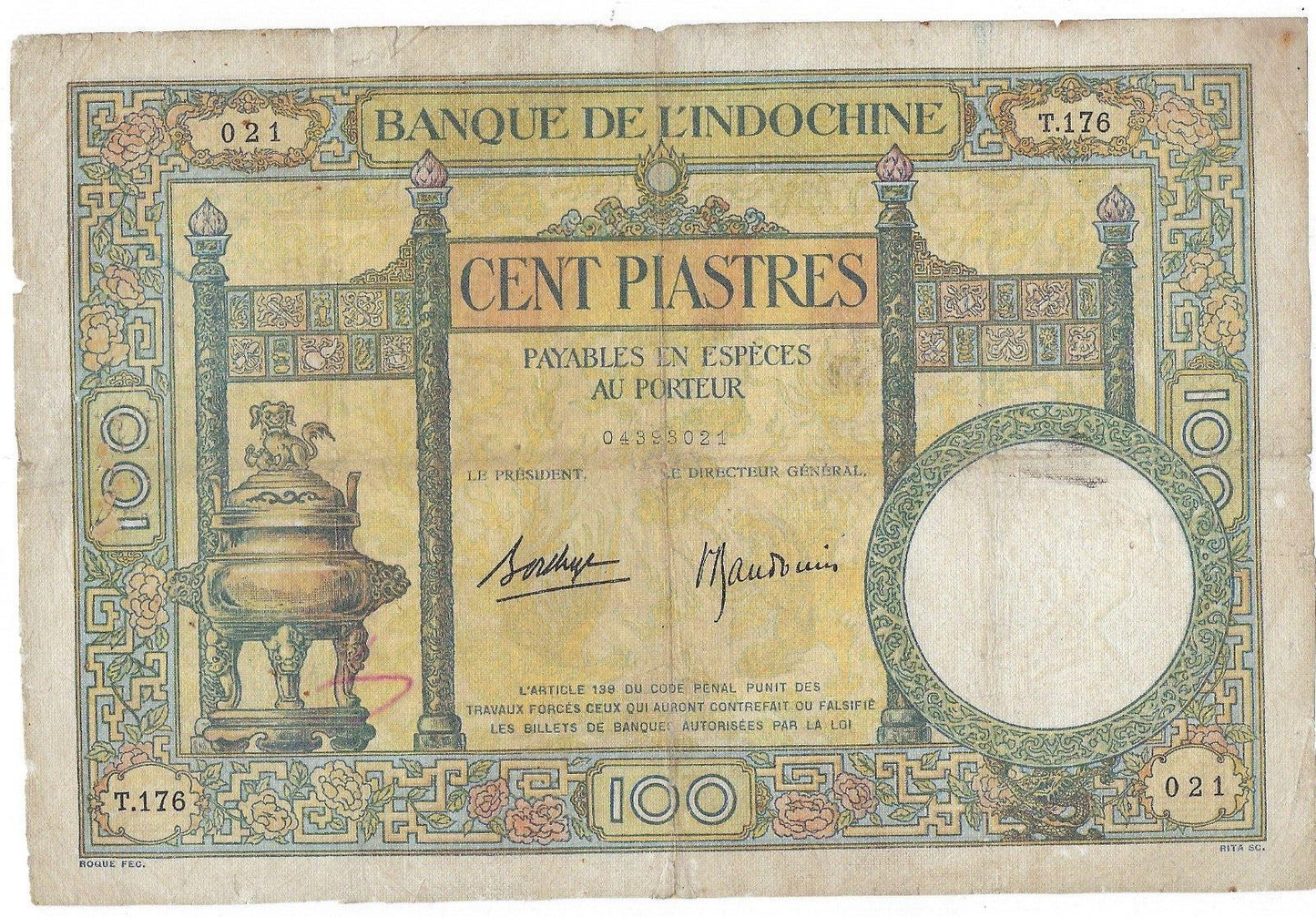 Vintage 100 Piastres P-51c Sign#9 Indochine Banknotes 1936 Original