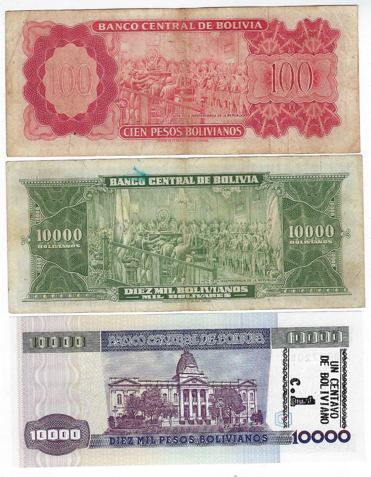 Bolivia 100,10K x2 Bolivianos VF to UNC(3).est $35.BO4b