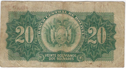 Bolivia 20 Bolivianos 20.7.1928 P162  VF Error Shift.est $35.BO4a
