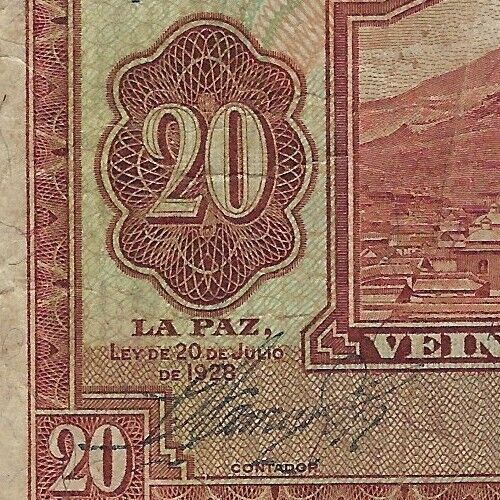 Bolivia 20 Bolivianos 20.7.1928 P162  VF Error Shift.est $35.BO4a