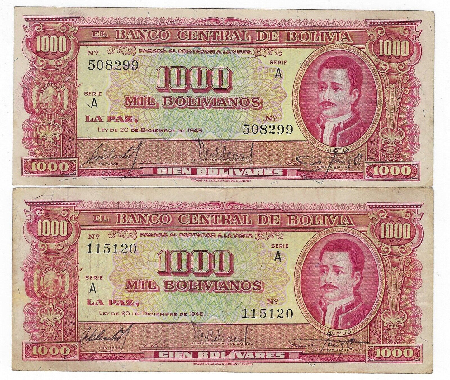 Bolivia 1000 Bolivianos 20.12.1945  X2 Serie A VF.est $35.BO3c
